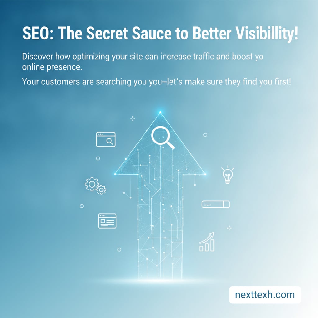 SEO: The Secret Sauce to Better Visibillity! Discover how optimizing your site can increase traffic and boost yo online presence. Your customers are searching you you–let’s make sure they find you first! nexttexh.com
